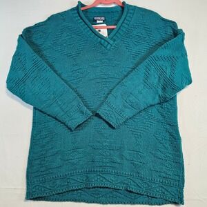 Vintage Honors Teal Geometric V Neck Long Sleeve Cotton Knit Sweater Women Small